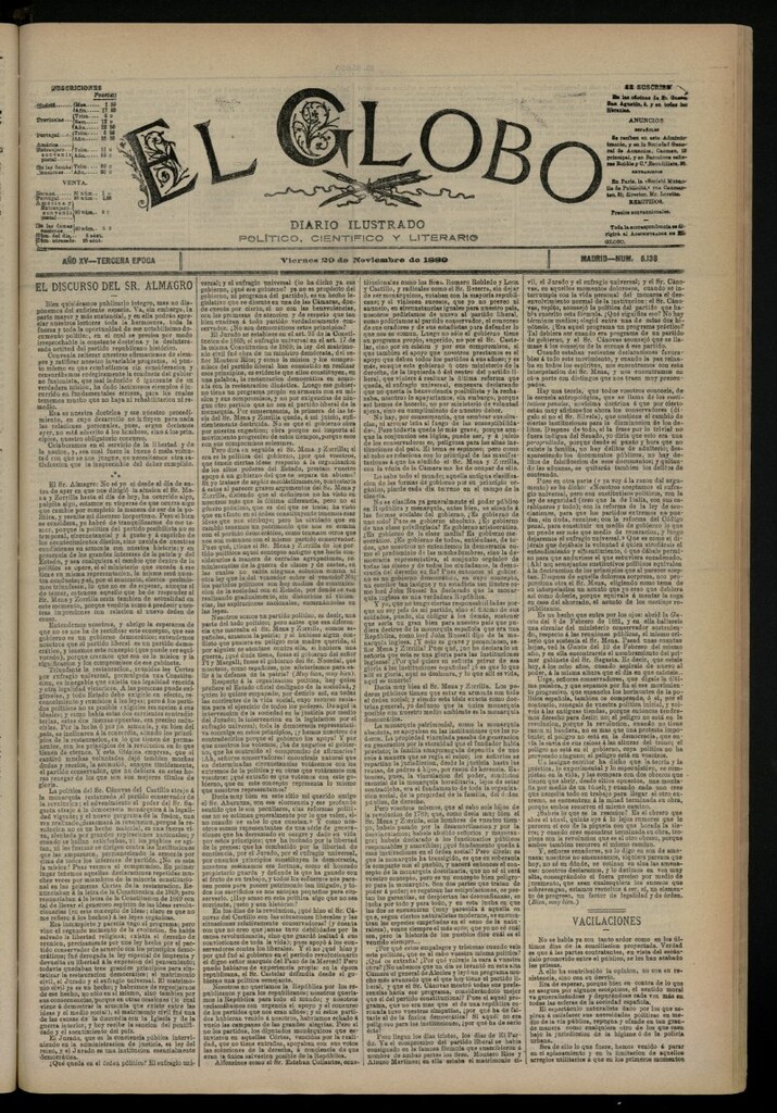 Miniatura de El Globo : diario ilustrado del 29 de noviembre de 1889, nº 5138