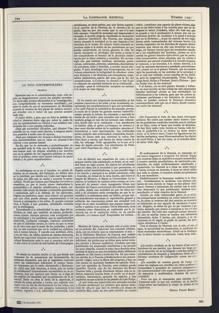 Miniatura de Briznas. Curiosidades de la Administración. La embriaguez. Antifeminismo. Protestas estudiantiles. Lectura y libertad. La guerra de los boers