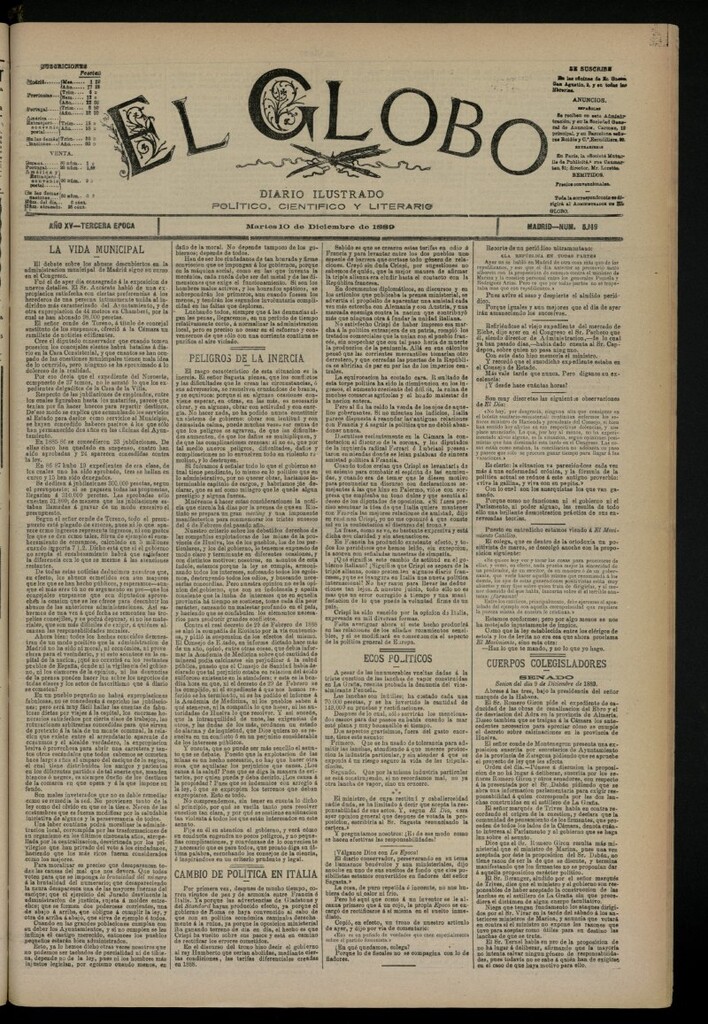 Miniatura de El Globo : diario ilustrado del 10 de diciembre de 1889, nº 5149