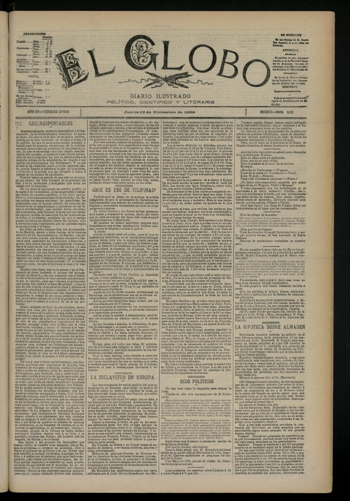 Miniatura de El Globo : diario ilustrado del 12 de diciembre de 1889, nº 5151