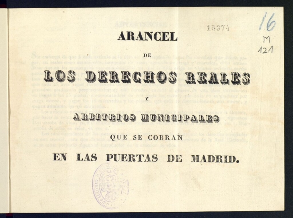 Miniatura de Arancel de los derechos reales y arbitrios municipales que se cobran en las puertas de Madrid