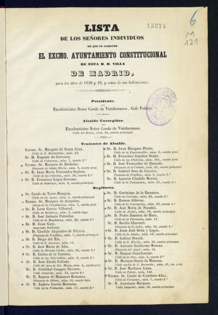 Miniatura de Lista de los señores individuos de que se compone el Excmo. Ayuntamiento Constitucional de esta M. H. Villa de Madrid para los años de 1848 y 49, y señas de sus habitaciones
