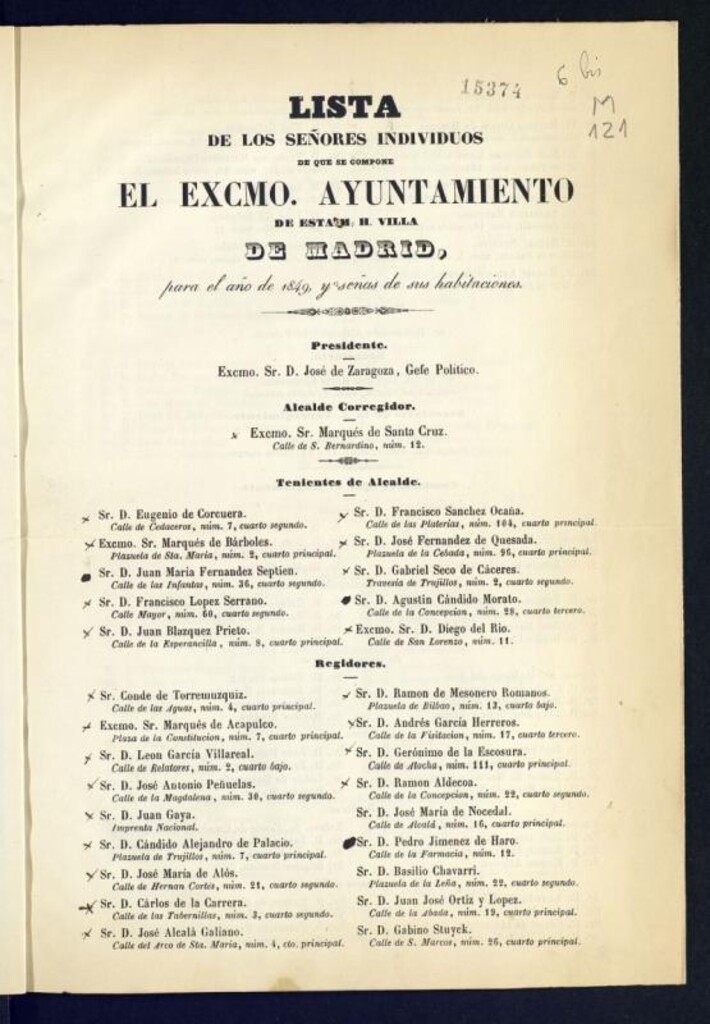 Miniatura de Lista de los señores individuos de que se compone el Excmo. Ayuntamiento Constitucional de esta M. H. Villa de Madrid para el año de 1849, y señas de sus habitaciones