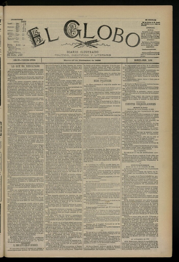 Miniatura de El Globo : diario ilustrado del 17 de diciembre de 1889, nº 5156