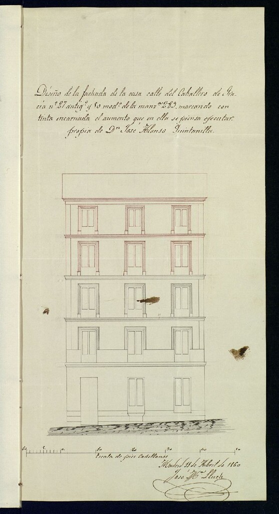 Miniatura de D. José Alonso Quintanilla, sobre aumento de piso 3º y 4º en su casa calle del Caballero de Gracia nº 50, manzana 289.