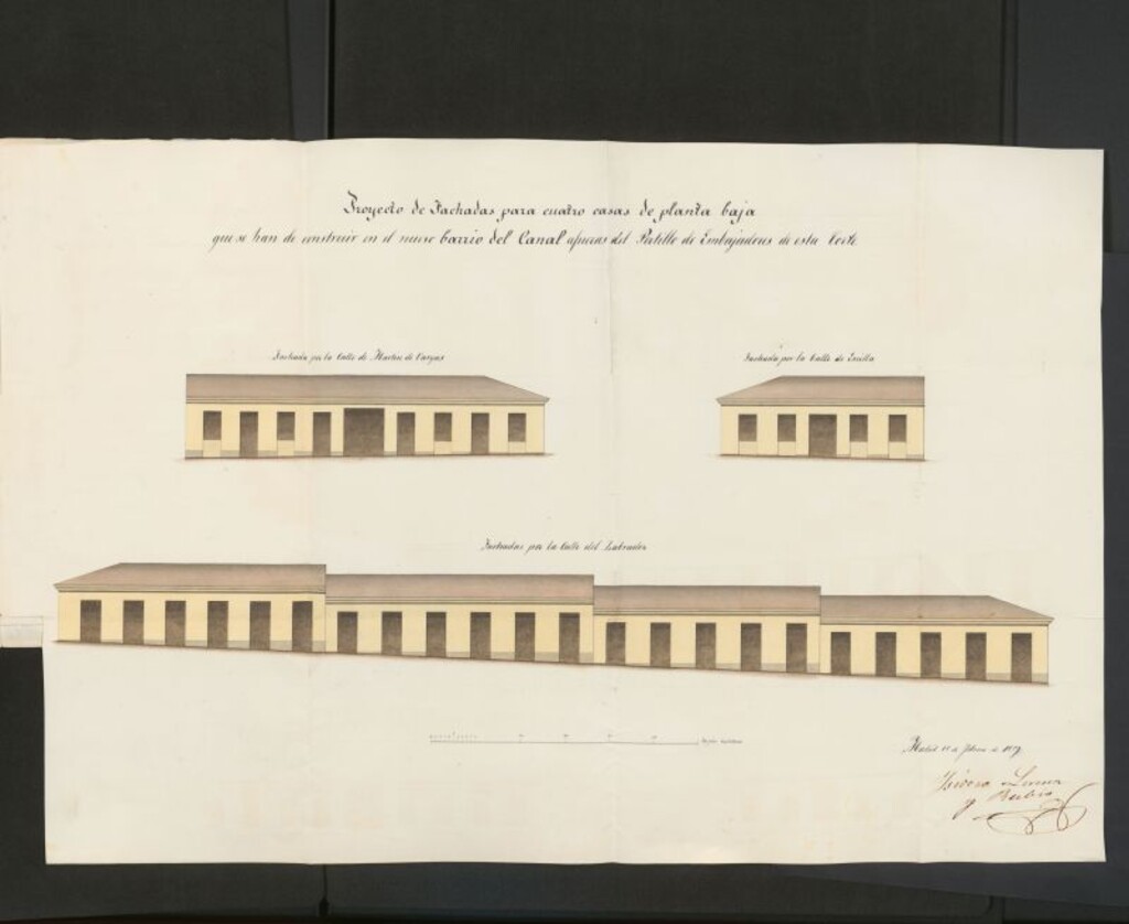 Miniatura de D. José Noriega, y D. Rafael Urosa, licencia para construir extramuros del Portillo de Embajadores, calle del Labrador con vueltas a las de Ercilla y Martín Vargas.