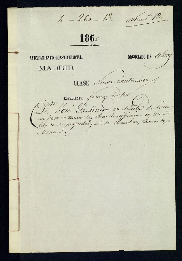 Miniatura de D. José Sardinero, en solicitud de licencia para continuar las obras de edificación en un solar de su propiedad, sito en Chamberí, Charca de Mena. (1860)