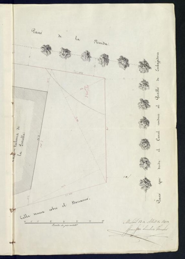 Miniatura de D. Bernardo de la Prida, sobre construcción de nueva planta en las afueras del Portillo de Embajadores, solar perteneciente a su Esposa, vecina y heredera de D. Pedro Pérez, que obtuvo licencia en el año de 1854.