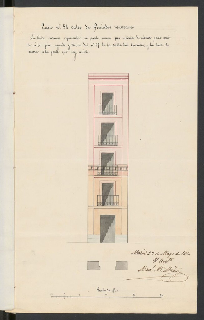 Miniatura de D. Francisco de Borja Calderón, sobre igualar en altura y por consiguiente en pisos de la casa calle de Preciados nº 54 con la del Carmen nº 67.