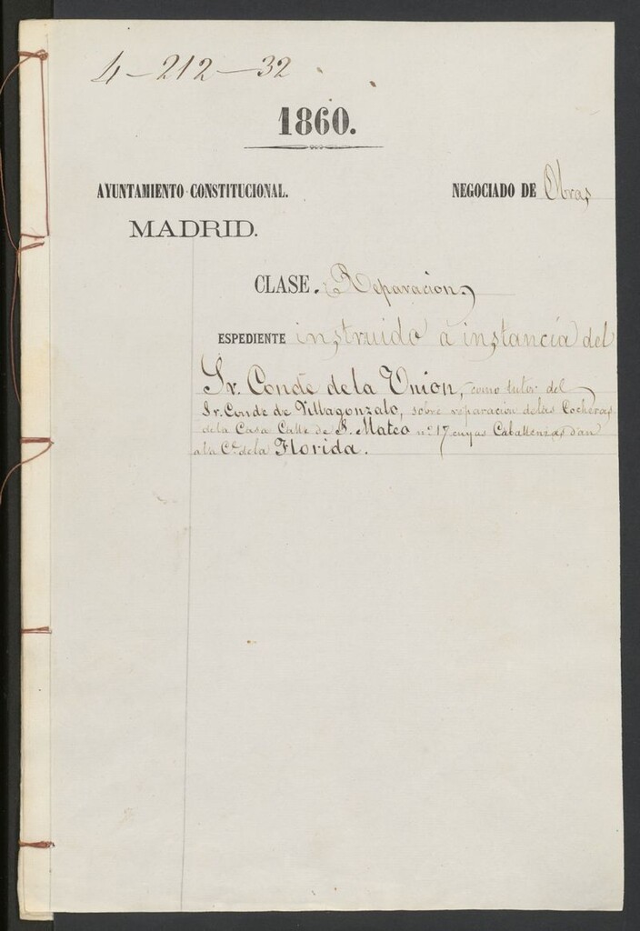 Miniatura de Sr. Conde de la Unión, como tutor del Sr. conde Villagonzalo, sobre reparación de las cocheras de la casa calle de S. Mateo nº 17 cuyas caballerizas dan a la calle de la Florida.