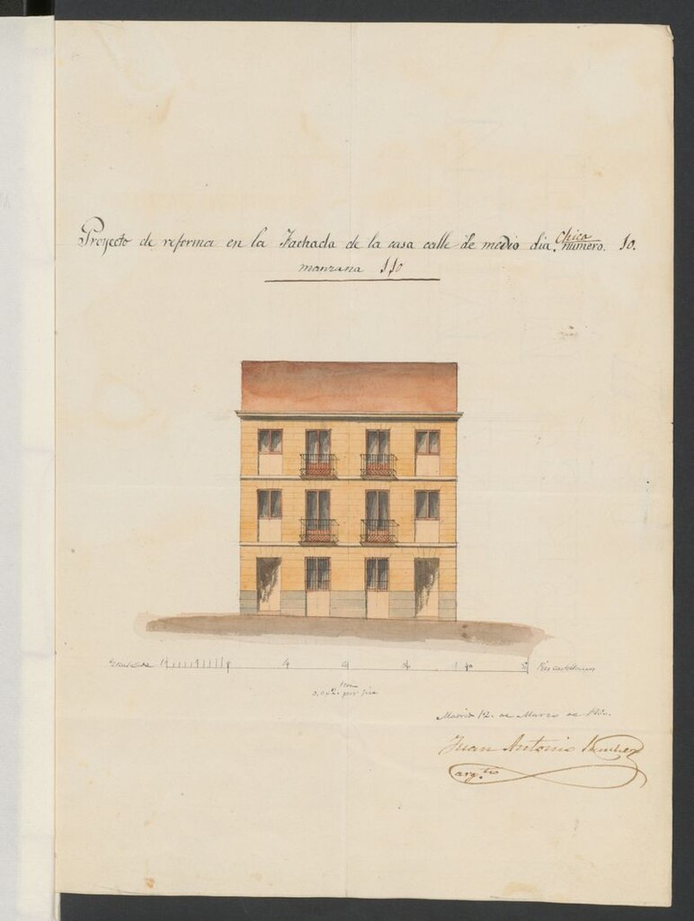 Miniatura de D. Ildefonso Sánchez de la Blanca, sobre reforma de la fachada de la casa calle del Mediodía Chica, nº 10 de la manzana 110.