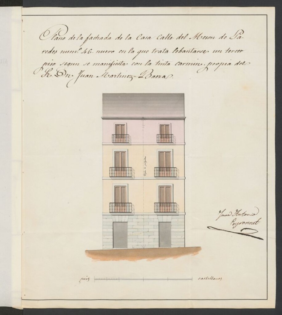 Miniatura de D. Juan Martínez Baeza, sobre aumento de piso tercero en su casa calle del Mesón de Paredes, nº 46 manzana 66.