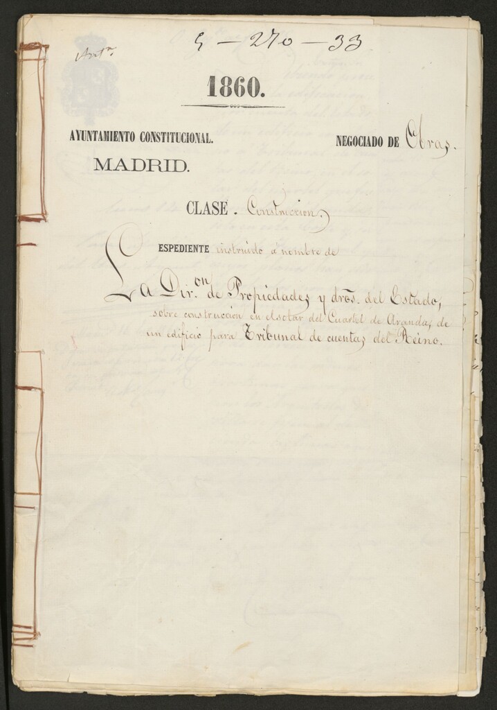 Miniatura de Dirección de Propiedades y dros. del Estado, sobre construcción en el solar del Cuartel de Aranda, de un edificio para Tribunal de Cuentas del Reino.