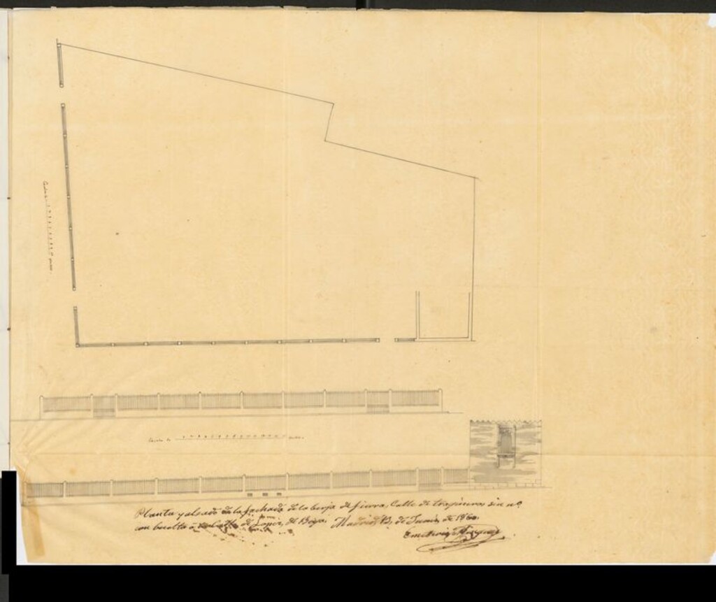 Miniatura de D. Emeterio Mínguez, solicitando licencia para colocar una verja de hierro en la fachada de la casa calle de Tragineros, con vuelta a la de Lope de Vega propia de D. José Xifré.