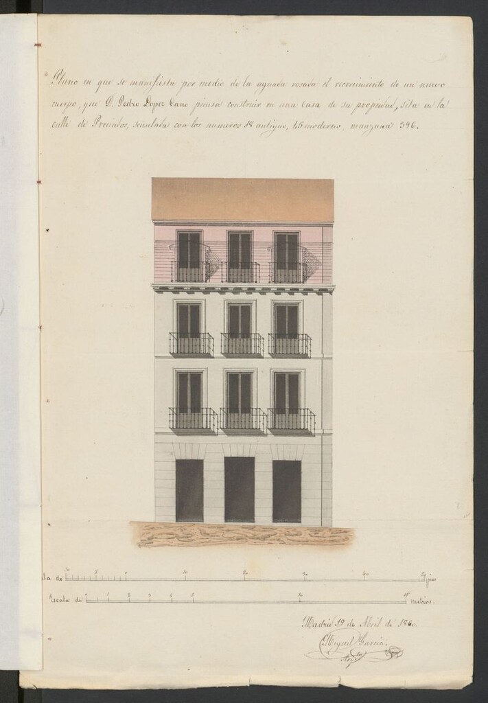 Miniatura de D. Pedro López Cano, pidiendo licencia para hacer obras, en la fachada de su casa calle de Preciados, nº 45.