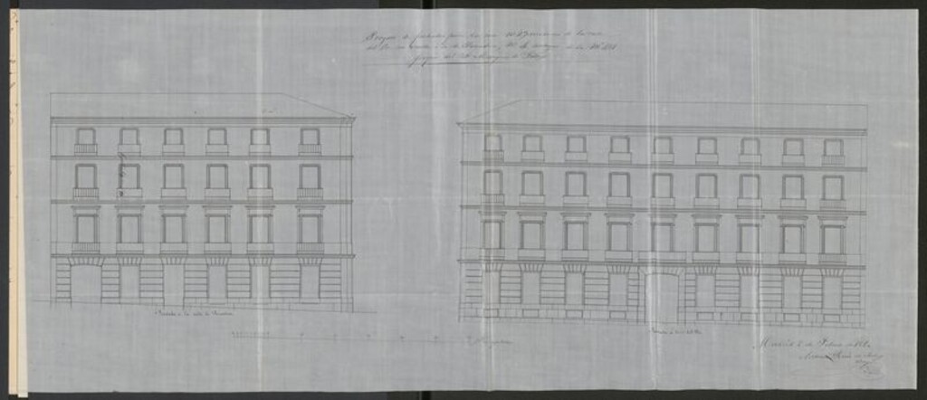 Miniatura de Sr. Marqués de Falces, pidiendo licencia para reconstruir la casa calle del Pez, nº 23 con vuelta a la de Panaderos, nº 21 manzana 481.