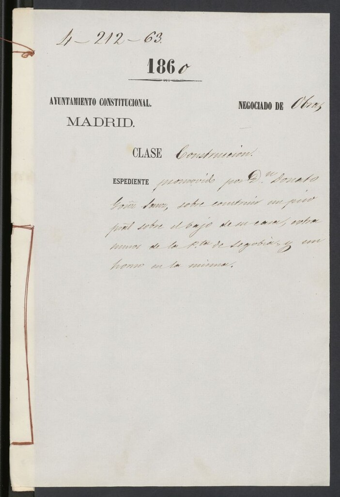Miniatura de D. Donato González Sanz, sobre construir un piso principal sobre el bajo de su casa, extramuros de la Pta. de Segovia.