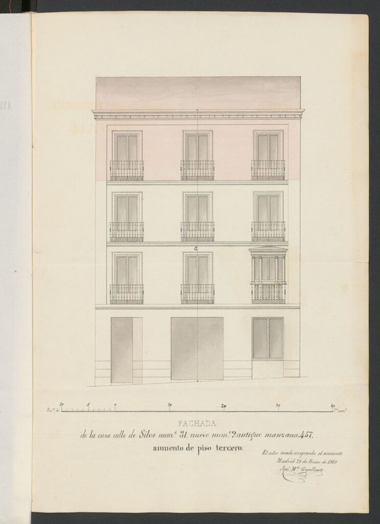 Miniatura de D. Francisco Pérez, pidiendo licencia para aumentar piso 3º en su casa Calle de Silva, nº 31 manzana 457.
