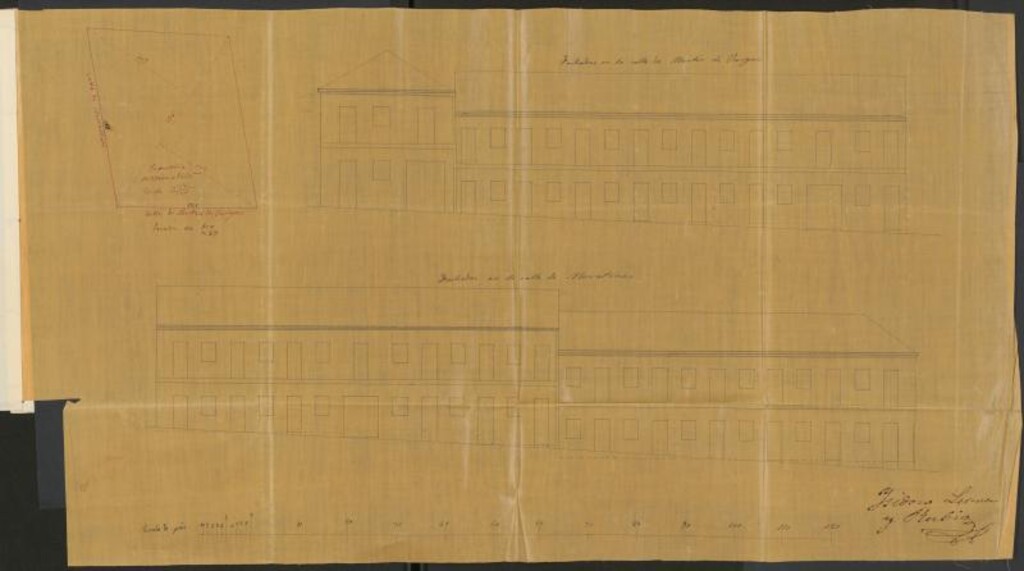 Miniatura de D. Mateo Lorenzale, sobre construcción en las afueras del Portillo de Embajadores, calle de los Moratines y Martín de Vargas.