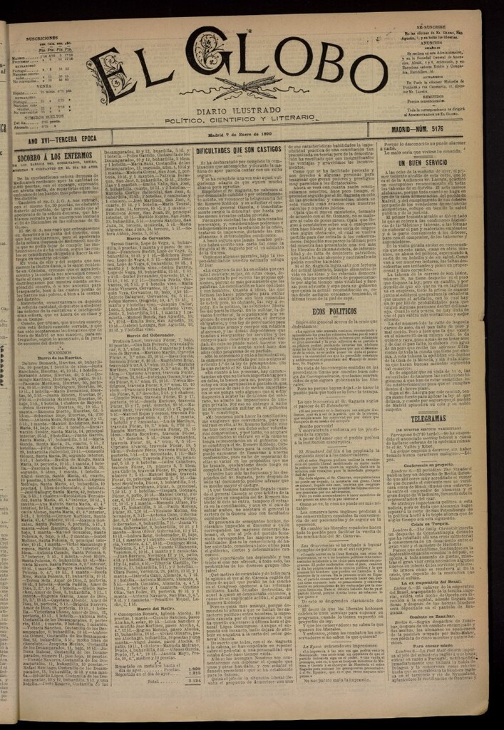 Miniatura de El Globo : diario ilustrado del 7 de enero de 1890, nº 5176
