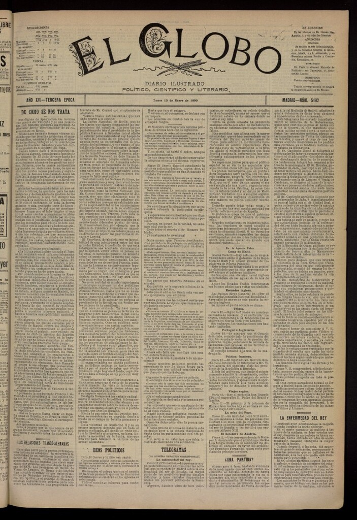 Miniatura de El Globo : diario ilustrado del 13 de enero de 1890, nº 5182