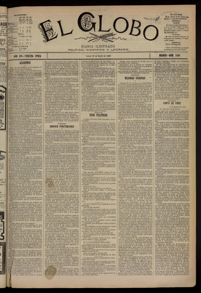 Miniatura de El Globo : diario ilustrado del 20 de enero de 1890, nº 5189