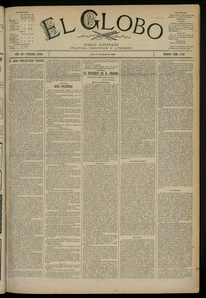 Miniatura de El Globo : diario ilustrado del 27 de enero de 1890, nº 5196