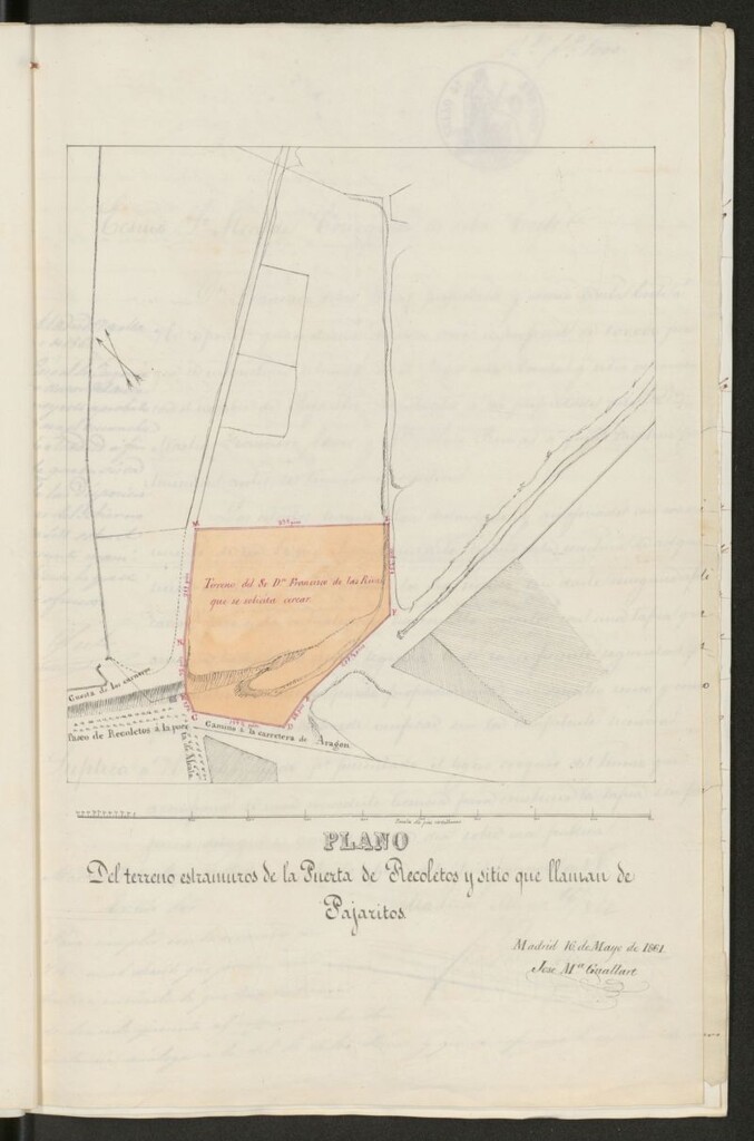 Miniatura de D. Francisco de las Rivas, en solicitud de licencia para cercar con una tapia el terreno de su propiedad, sito en el Paseo de Ronda y sitio llamado de pajaritos