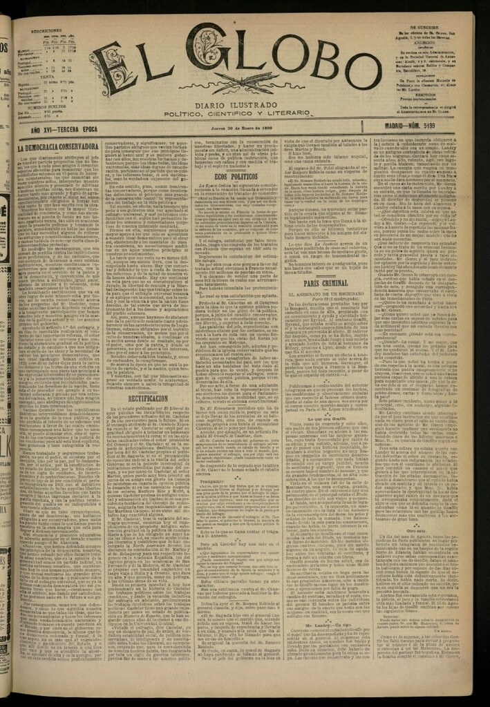 Miniatura de El Globo : diario ilustrado del 30 de enero de 1890, nº 5199