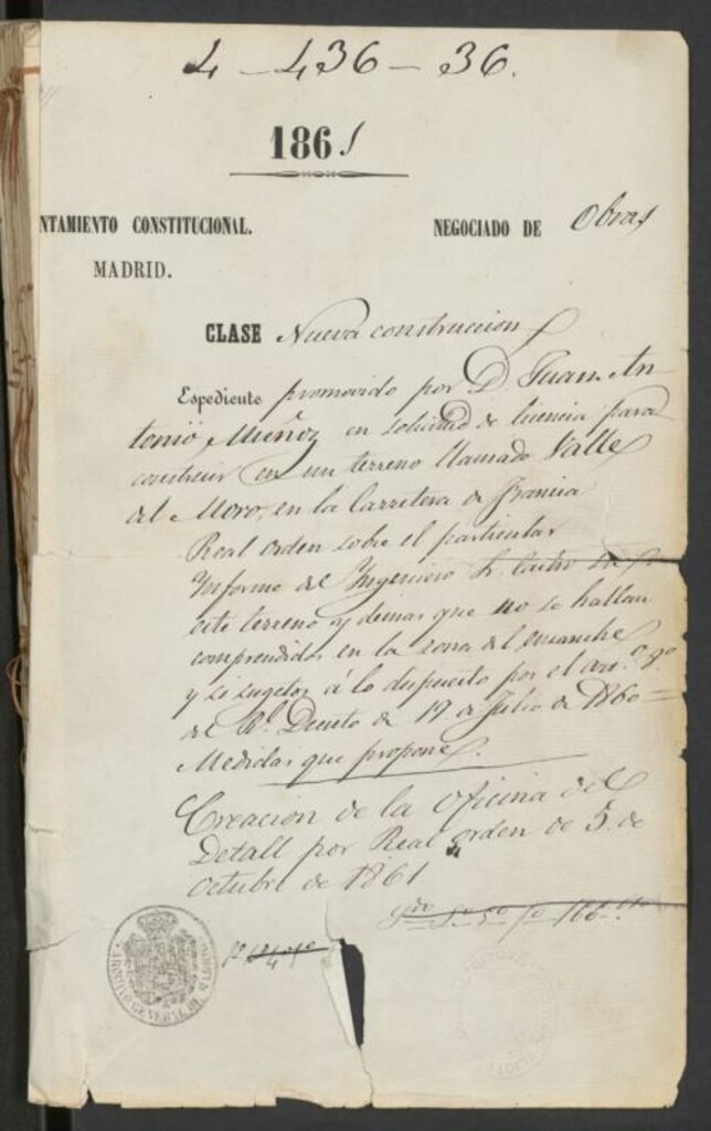 Miniatura de D. Juan Antonio Muñoz, en solicitud de licencia para construir en un terreno llamado Valle del Moro, en la carretera de Francia.