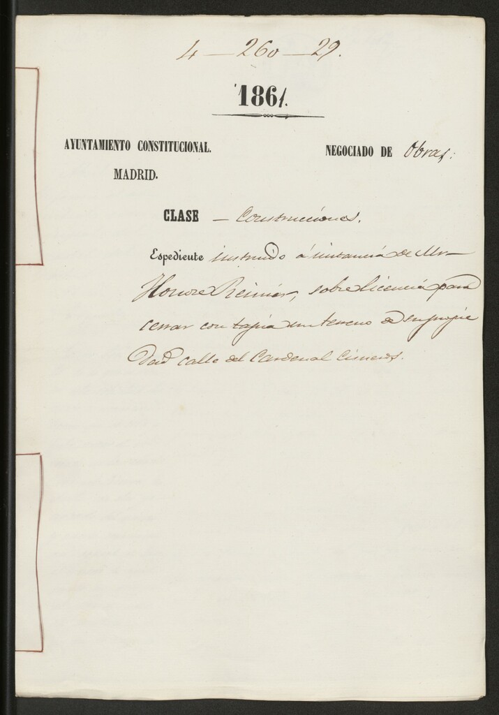 Miniatura de D. Honore Reiner, sobre licencia para cerrar con tapia un terreno de su propiedad calle Cardenal Cisneros.