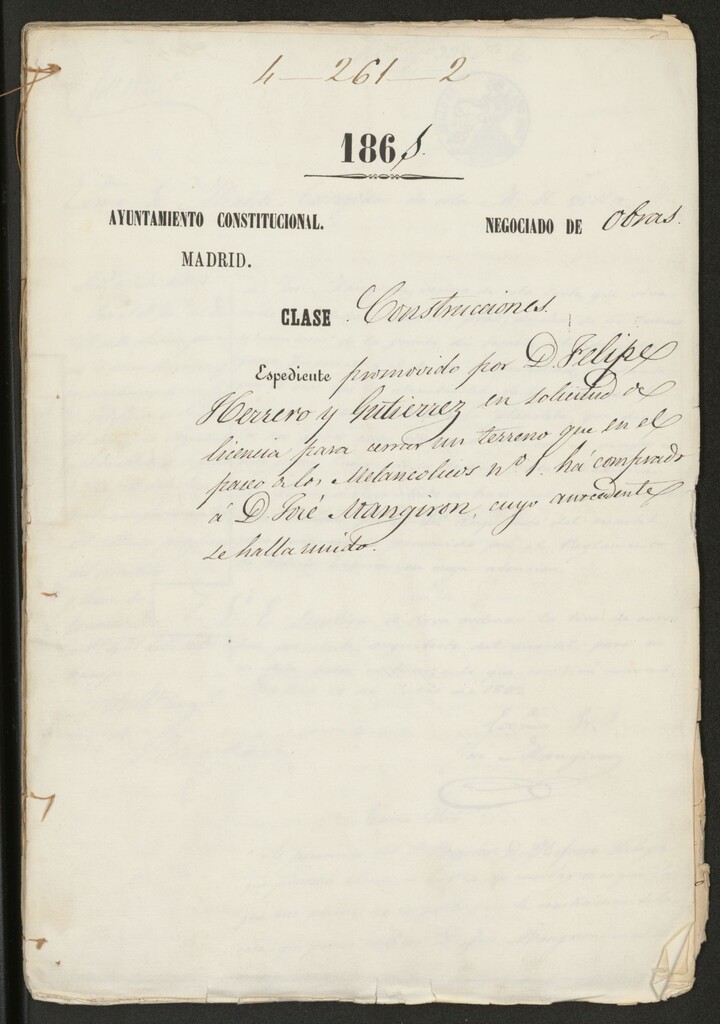 Miniatura de D. Felipe Herrero y Gutiérrez, en solicitud de licencia para cerrar un terreno que en el paseo de los Melancólicos nº 1 comprado a D. José Mangirón.