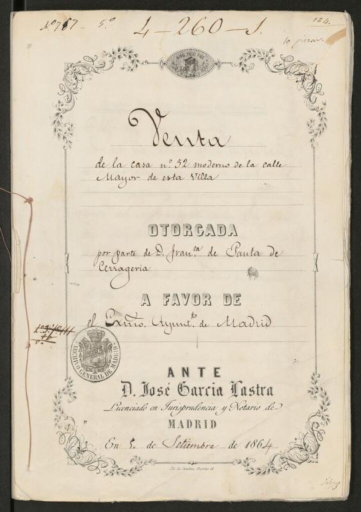 Miniatura de Venta de la casa nº 52 moderno de la calle Mayor de esta Villa, por parte de D. Francisco de Paula de Cerrageria.