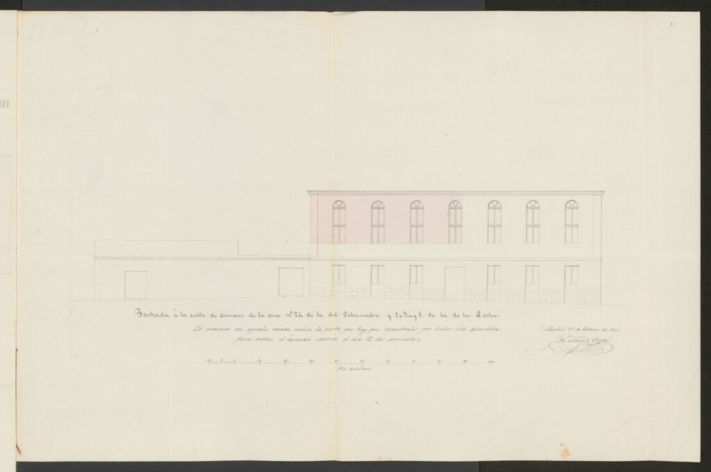 Miniatura de D. Fermín Perla, como representante de sus co-interesados, dueños de la casa calle del Gobernador nº 24 y 26, con vuelta a la de la Leche y de Cenicero nº 28, en solicitud de licencia para reparar parte de la fachada que da a esta última calle y fue incendiada en el 12 de febrero último