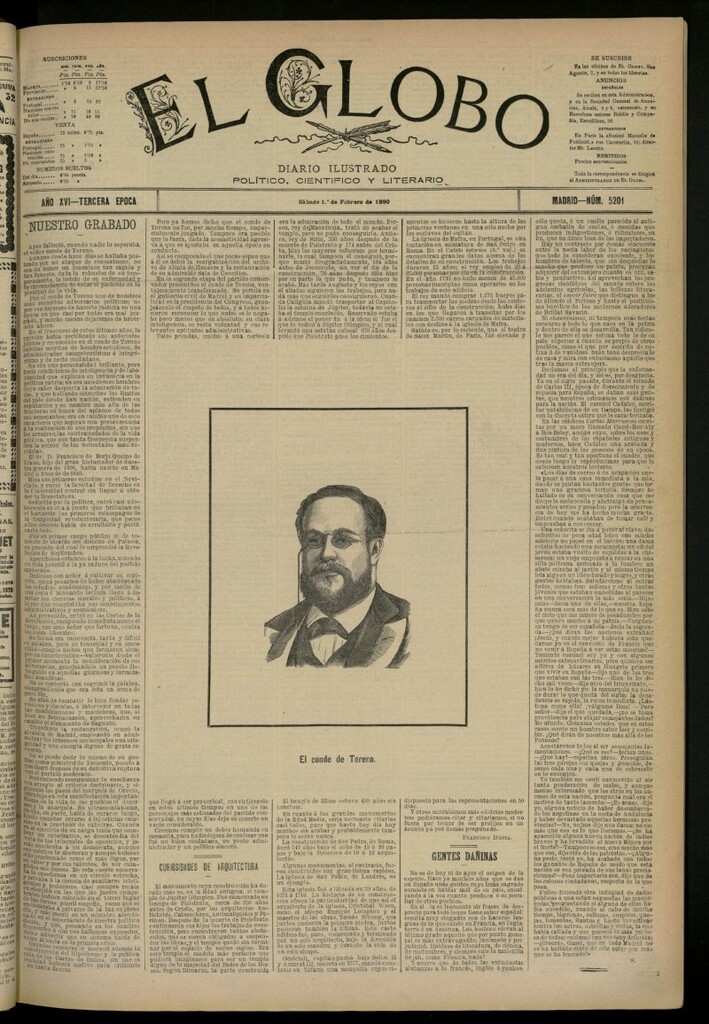 Miniatura de El Globo : diario ilustrado del 1 de febrero de 1890, nº 5201