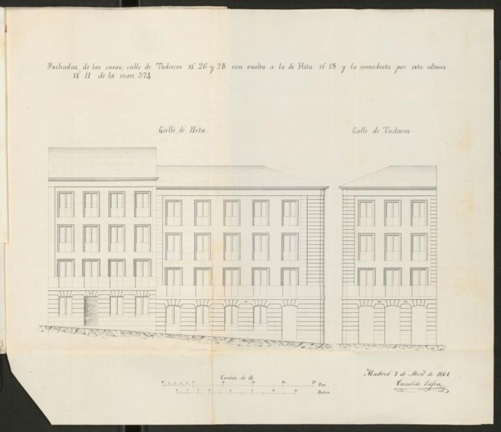 Miniatura de D. Cándido Zafra, en solicitud de licencia para reedificar sus casas calle de Hita nºs 11 y 13, con vuelta a la de tudescos nºs 26 y 28.