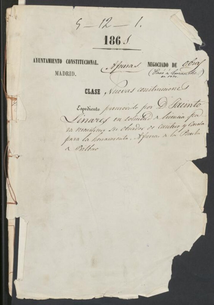 Miniatura de D. Jacinto Linares, en solicitud de licencia para reconstruir su obrador de cantero para la herramientas, afueras de la Puerta de Bilbao.
