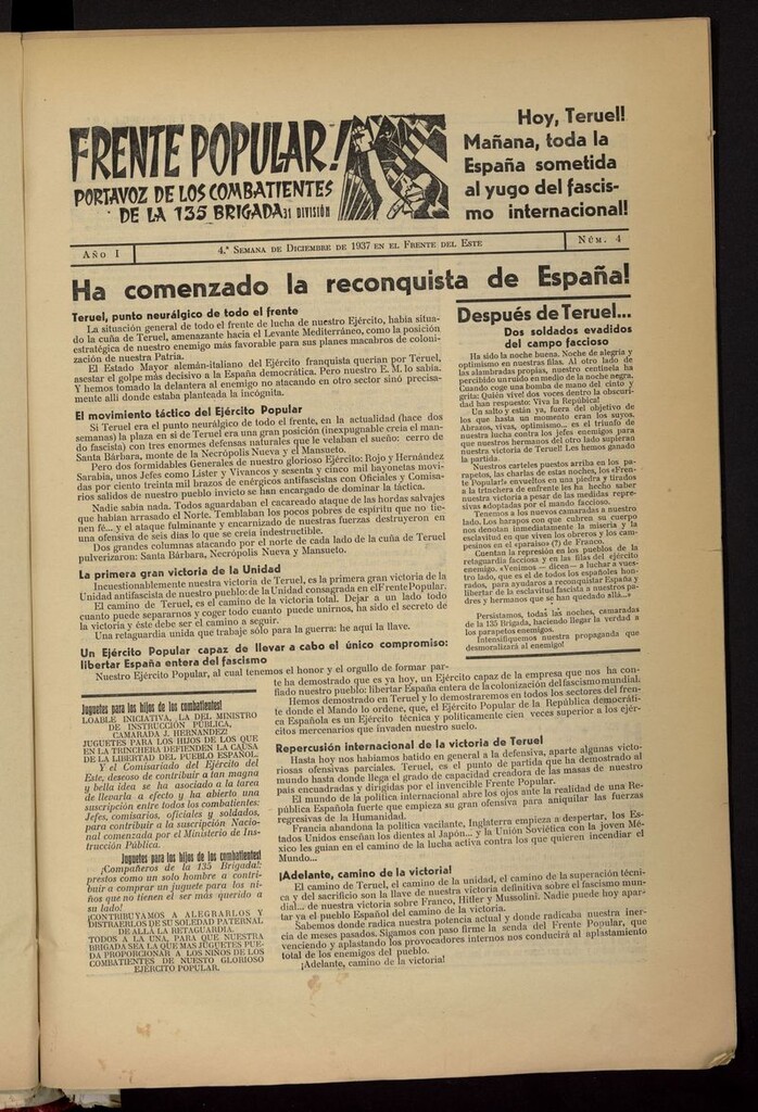 Miniatura de Frente popular: portavoz de los combatientes de las 135 Brigada, 31 División de la 4ª semana de diciembre de 1937