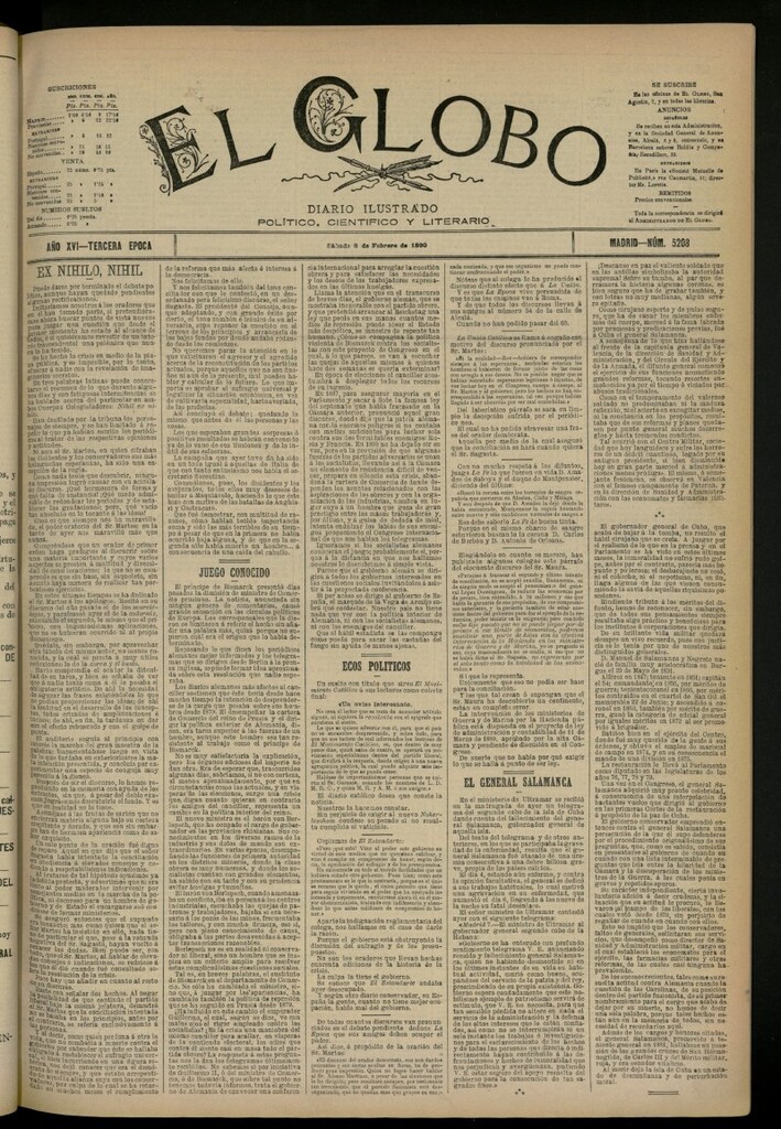 Miniatura de El Globo : diario ilustrado del 8 de febrero de 1890, nº 5208