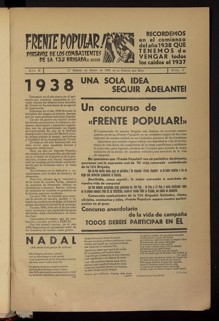 Miniatura de Frente popular: portavoz de los combatientes de las 135 Brigada, 31 División de la 1ª semana de enero de 1938