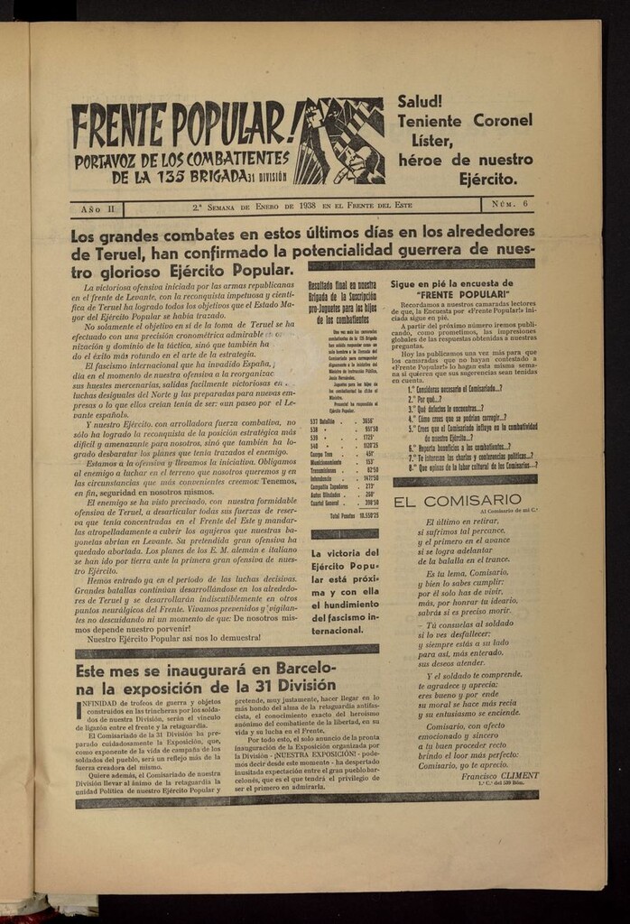 Miniatura de Frente popular: portavoz de los combatientes de las 135 Brigada, 31 División de la 2ª semana de enero de 1938
