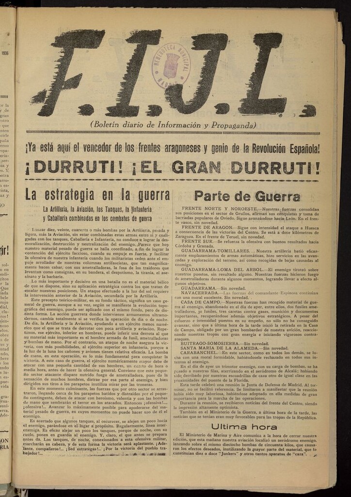 Miniatura de FIJL : Boletín Diario de Información y Propaganda del 12 de noviembre de 1936