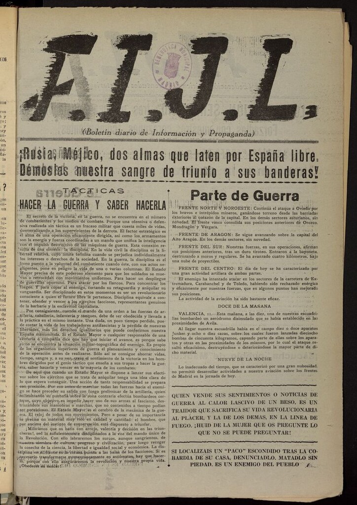 Miniatura de FIJL: Boletín Diario de Información y Propaganda del 13 de noviembre de 1936