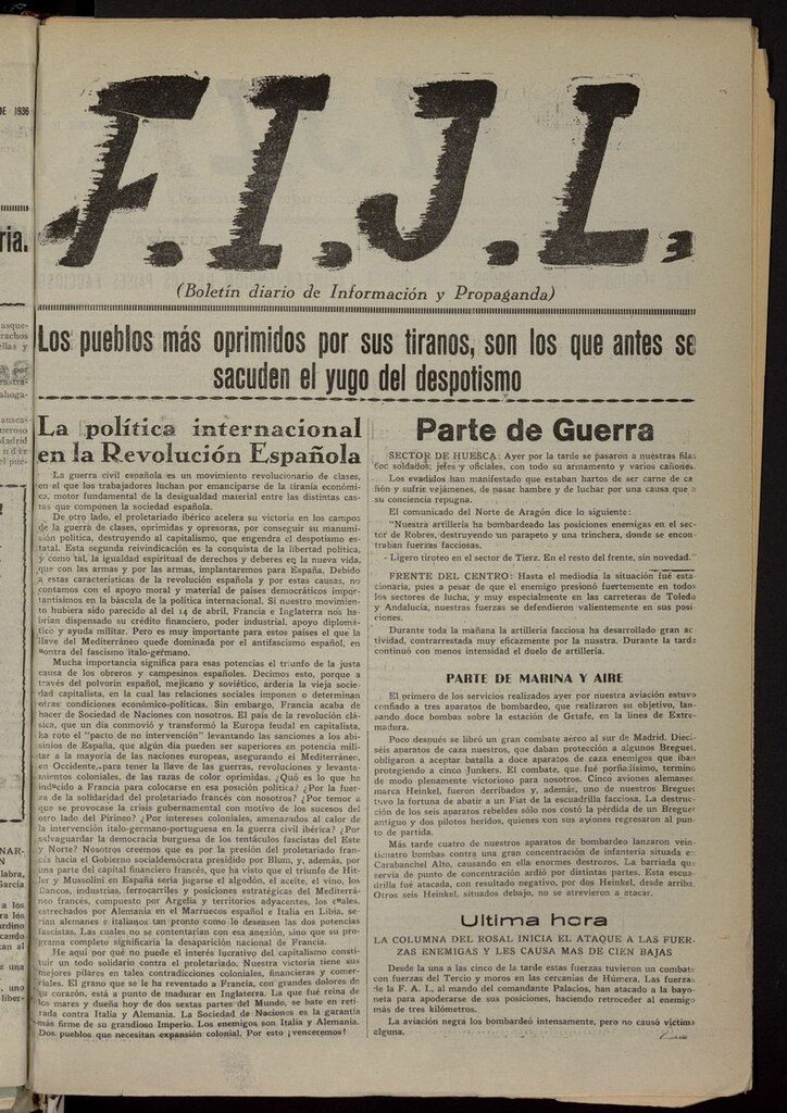 Miniatura de FIJL: Boletín Diario de Información y Propaganda del 14 de noviembre de 1936