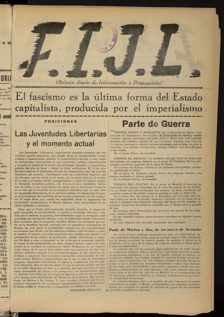 Miniatura de FIJL: Boletín Diario de Información y Propaganda del 16 de noviembre de 1936