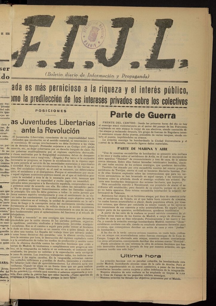Miniatura de FIJL: Boletín Diario de Información y Propaganda del 17 de noviembre de 1936