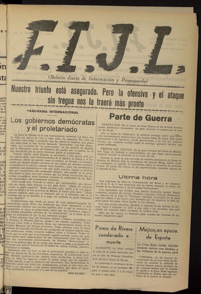 Miniatura de FIJL: Boletín Diario de Información y Propaganda del 20 de noviembre de 1936