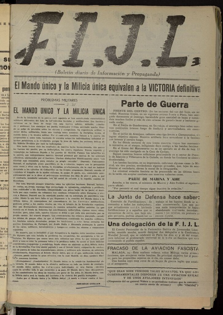 Miniatura de FIJL: Boletín Diario de Información y Propaganda del 26 de noviembre de 1936