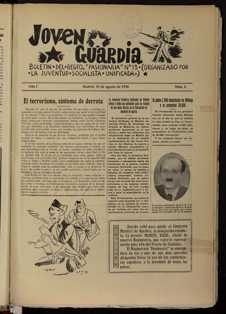 Miniatura de Joven Guardia: Boletín del Regimiento Pasionaria nº 13 del 30 de agosto de 1936