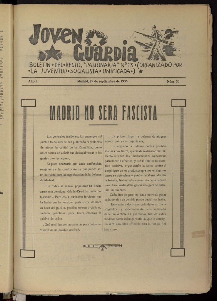 Miniatura de Joven Guardia: Boletín del Regimiento Pasionaria nº 13 del 29 de septiembre de 1936